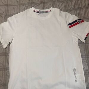 Moncler White Tee with Tricolor Sleeve Detail